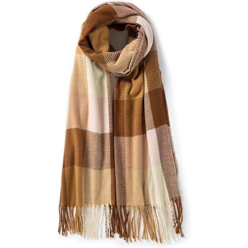 Women's Camel Check Wool Scarf Cashmere Feel Winter Checked Scarves Soft Shawls